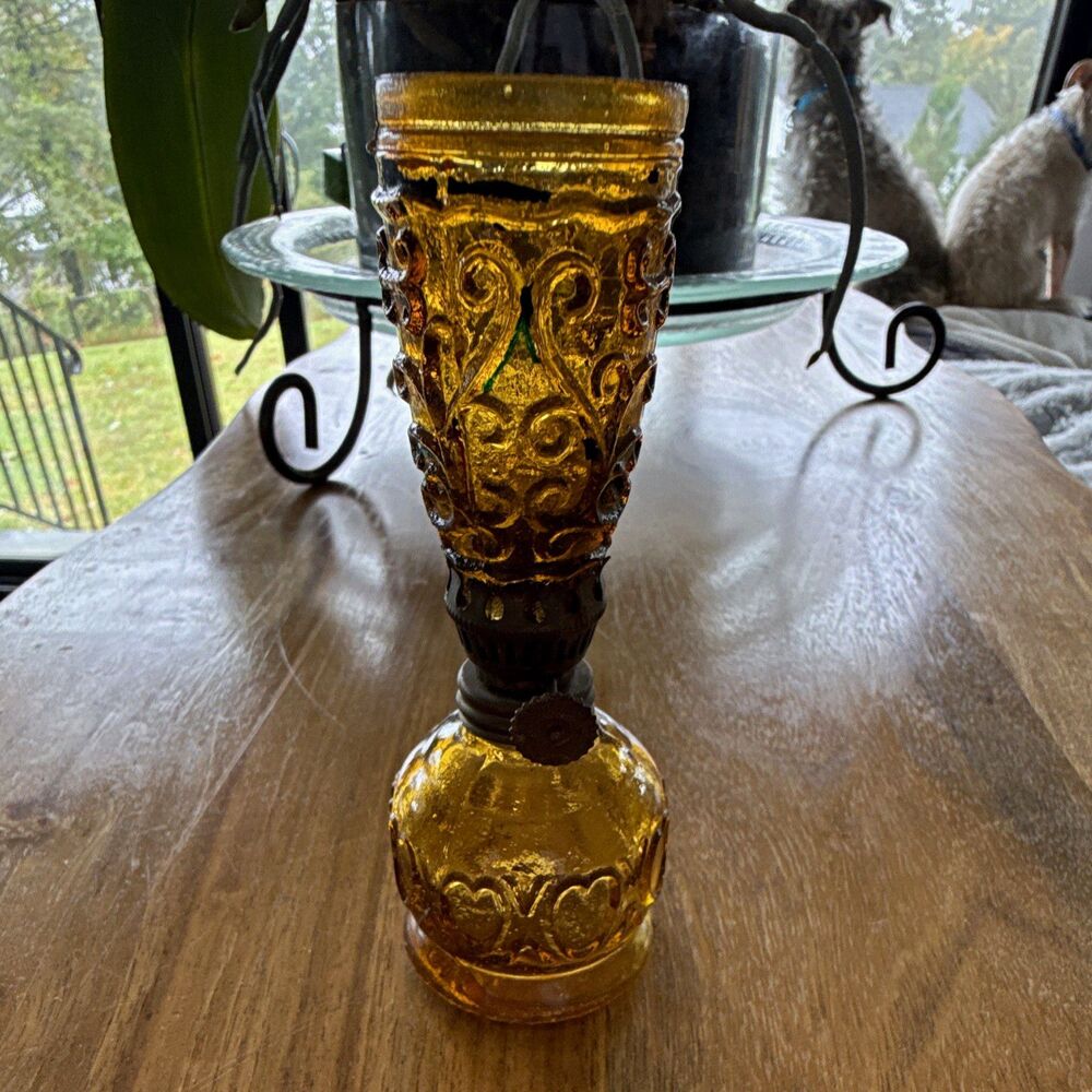 1960’s Amber Glass Oil Lamp Knob Control Ornate Style Oil Powered Vintage 5.5”